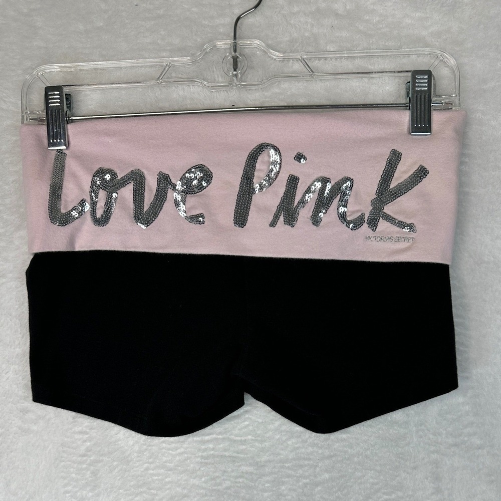 Victoria's Secret PINK Y2K oga Shorts Women Small Black Pink Sequin Love Pink